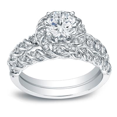 Auriya Unique Rope Style 1 3/5ct TDW Round Diamond Halo Bridal Ring Set 14k White Gold Certified