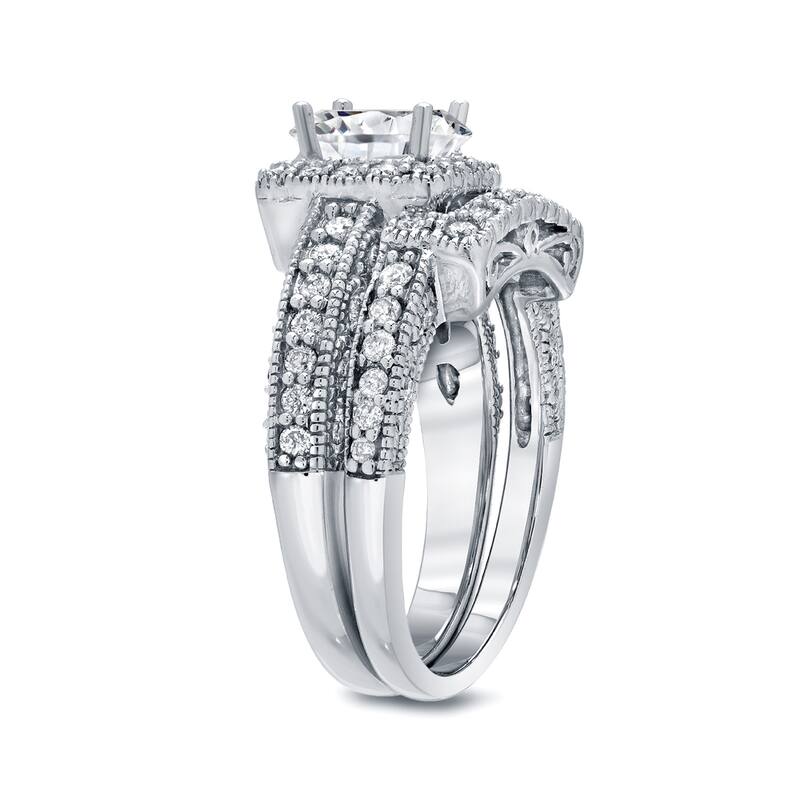 Auriya 14k Gold 1 3/4ctw Vintage Princess-cut Diamond Halo Engagement Ring Set