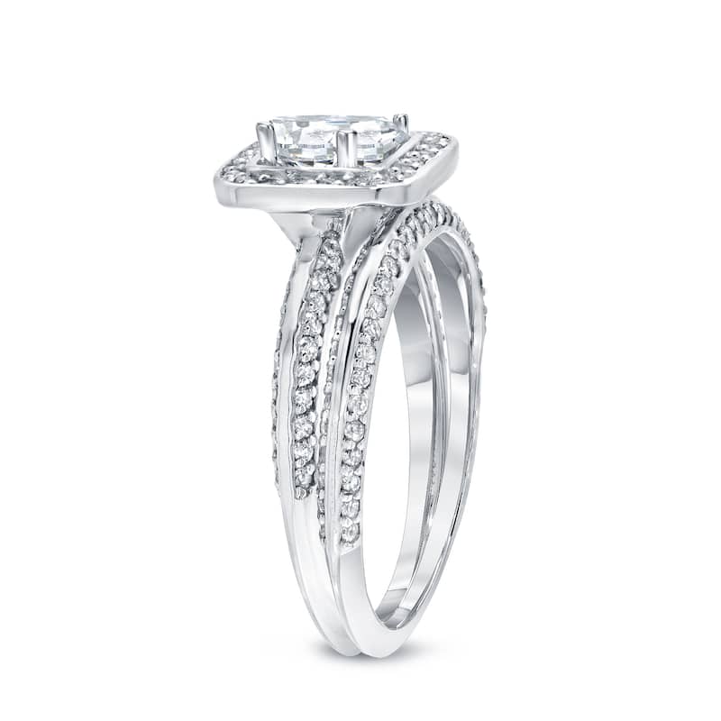 Auriya Modern 1 1/2ct TDW Princess-cut Diamond Halo Engagement Ring Set 14k White Gold Certified