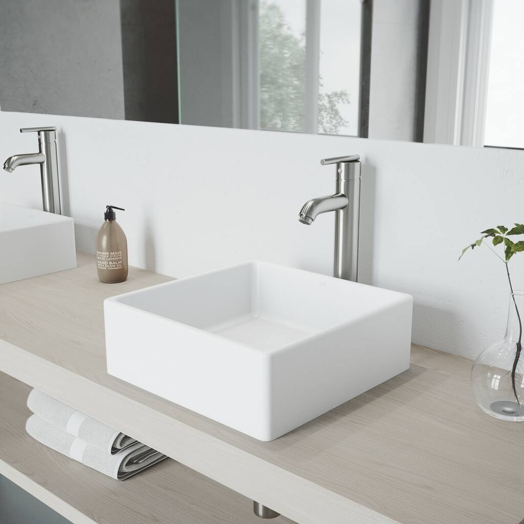VIGO Dianthus 15"L x 15"W MatteStone Vessel Sink and Seville 13"H Faucet Set