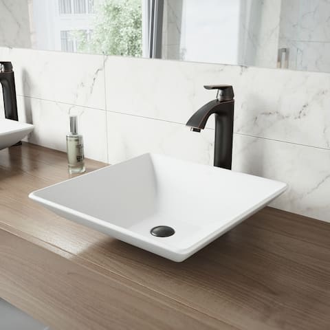 VIGO Hibiscus White Vessel Bathroom Sink Set with Linus Faucet