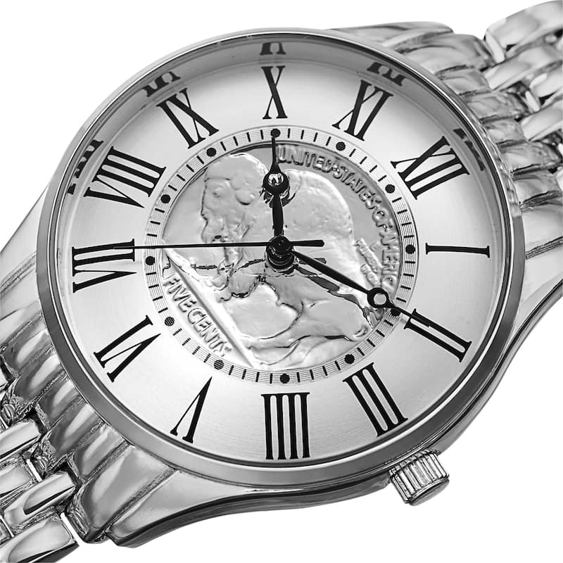 August Steiner Men's Quartz Buffalo Nickel Coin Dial Silver-Tone Bracelet Watch - silver