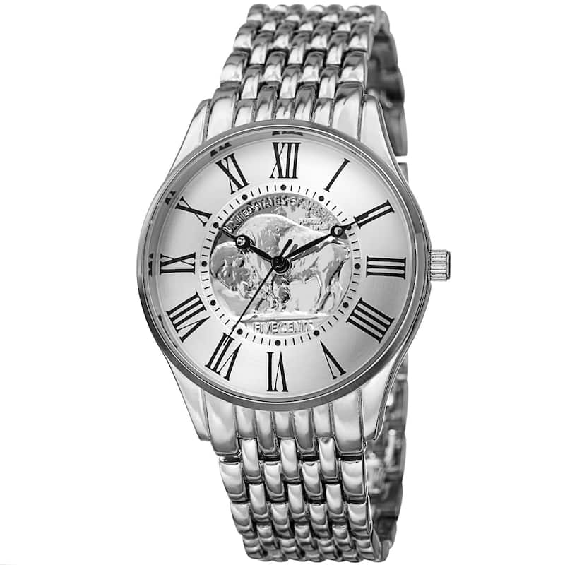 August Steiner Men's Quartz Buffalo Nickel Coin Dial Silver-Tone Bracelet Watch - silver