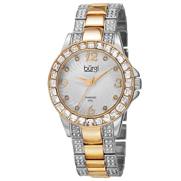 Burgi Women's Quartz Diamond Markers Crystal-Accented Two-Tone Bracelet Watch