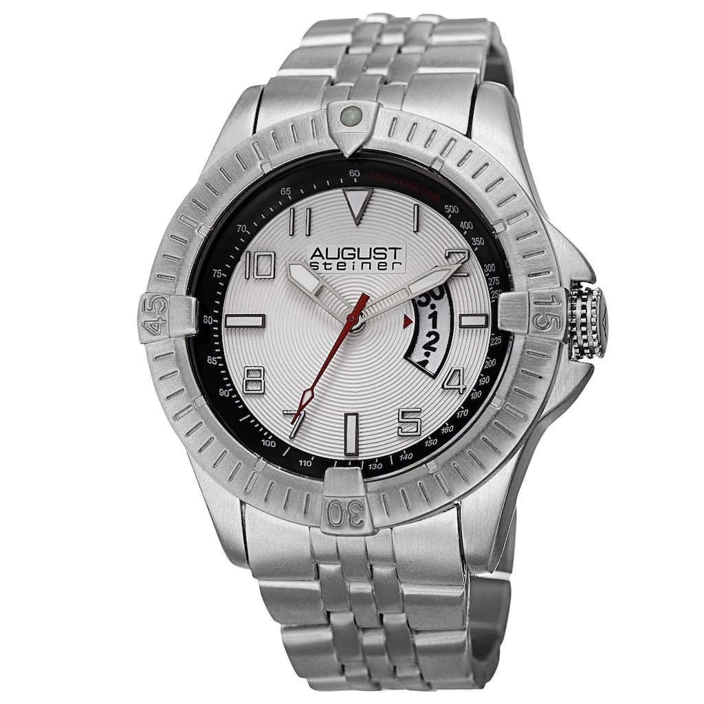 August Steiner Men's Swiss Quartz Date Indicator Tachymeter Silver-Tone Bracelet Watch - silver