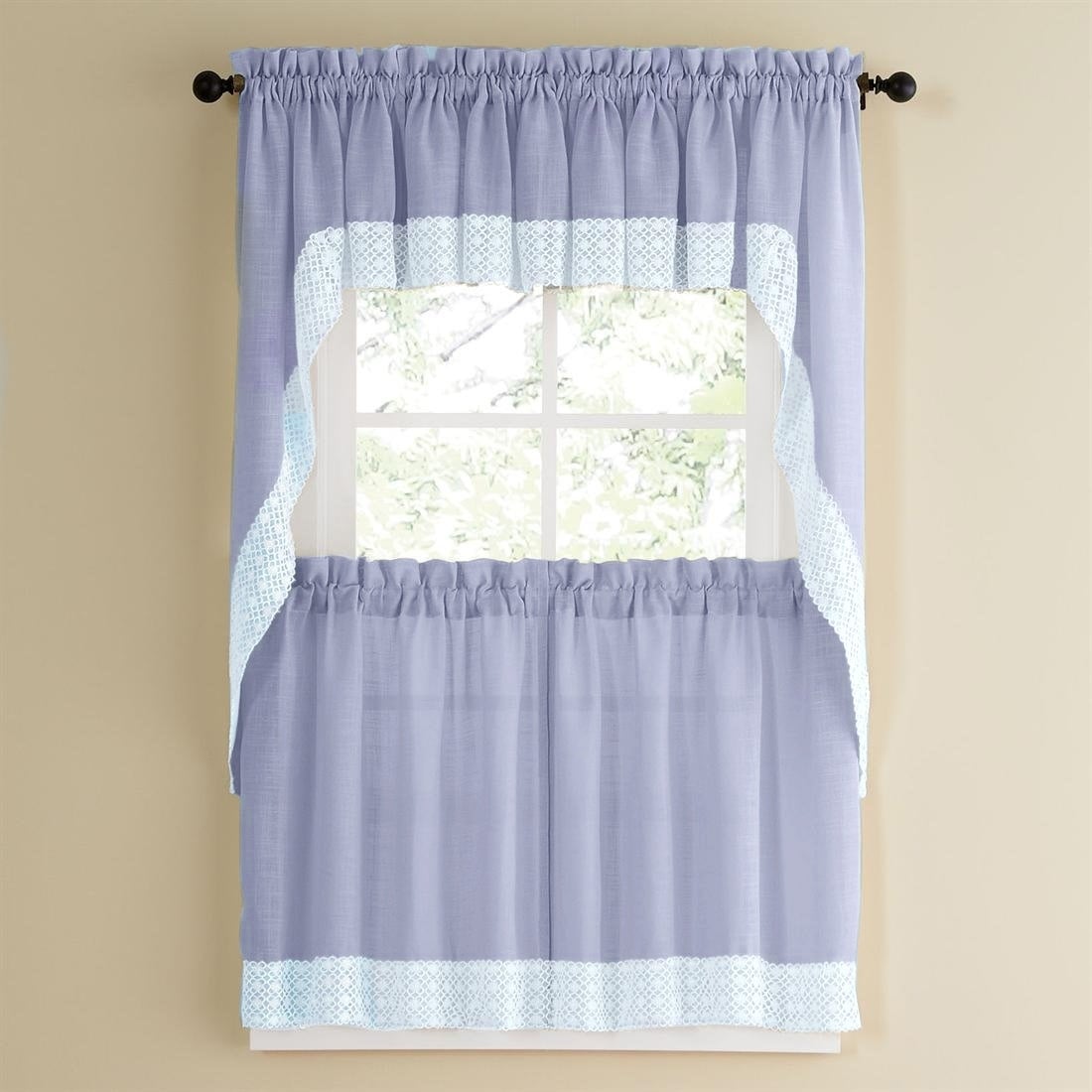 Blue Country Style Kitchen Curtains With White Daisy Lace Accent