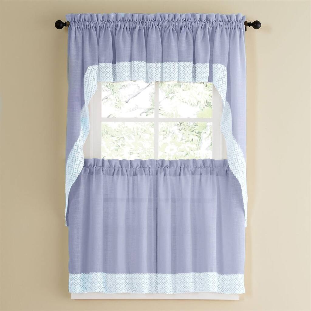Blue Country Style Kitchen Curtains with White Daisy-Lace Accent
