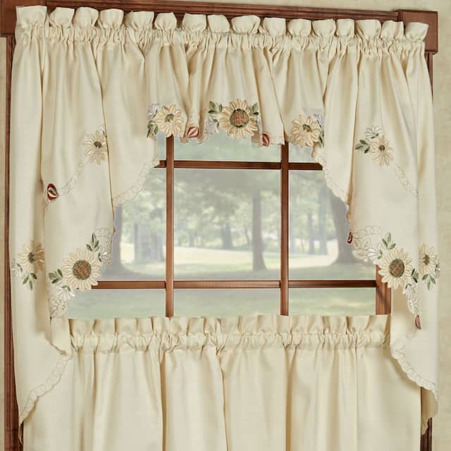 Embroidered Sunflower Kitchen Curtains Separates- Tier, Swag and Valance Options