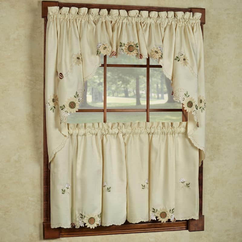 Embroidered Sunflower Kitchen Tier, Swag, or Valance Curtains - Swag Pair (60"x38")