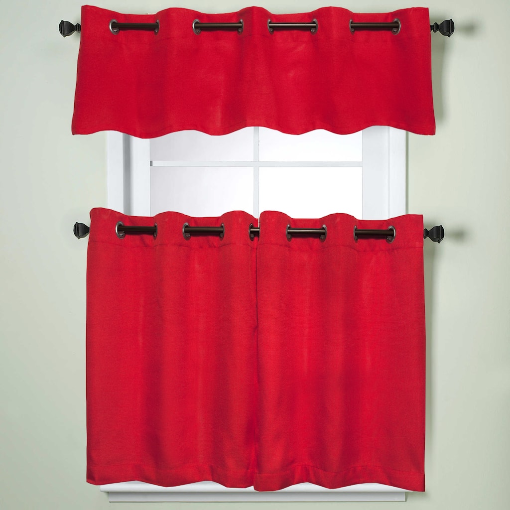 Modern Subtle Texture Solid Red Kitchen Curtain Parts with Grommets- Tier and Valance Options