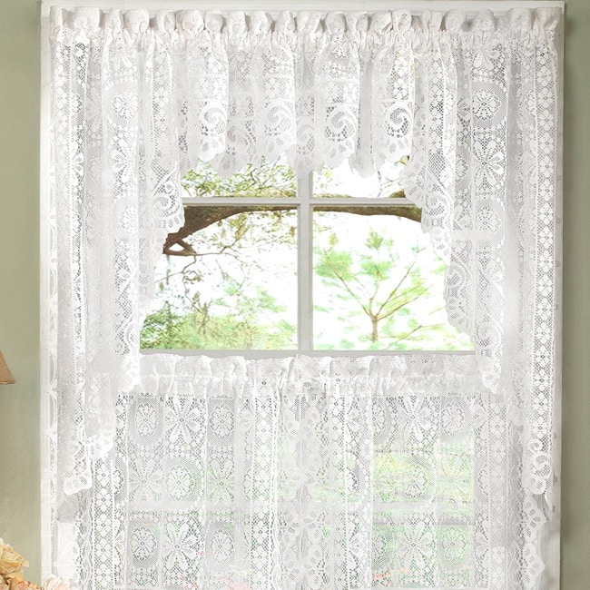 White Lace Luxurious Old World-style Kitchen Curtains Tiers, Shade or Valances - swag, white