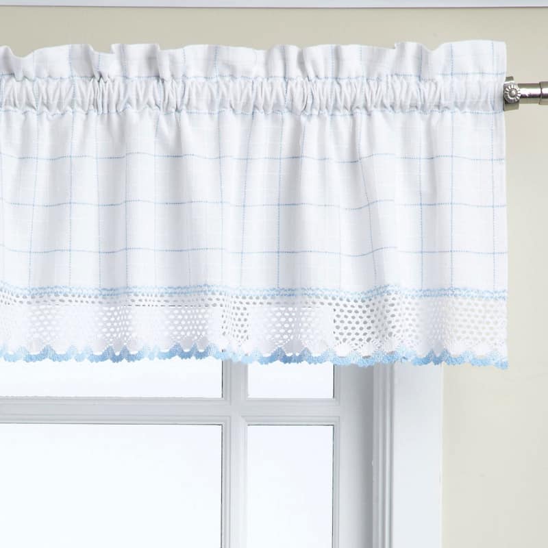 Cotton Classic White/ Blue Window Pane Pattern and Crotchet Trim Tiers, Swags and Valance Options - 12 x 60 valance