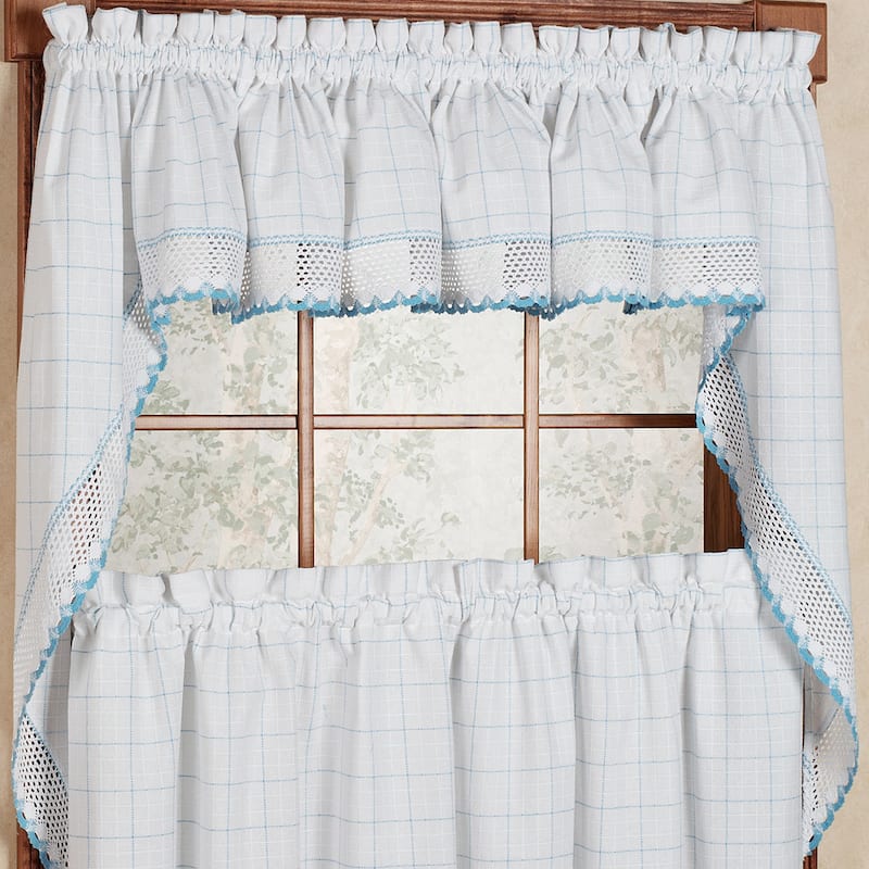 Cotton Classic White/ Blue Window Pane Pattern and Crotchet Trim Tiers, Swags and Valance Options - 38 x 60 swag