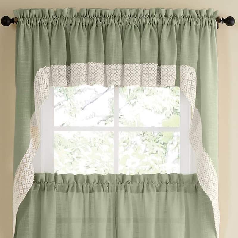 Sage Country Style Curtain Parts with White Daisy Lace Accent (Separates-Tiers, Swags and Valances)