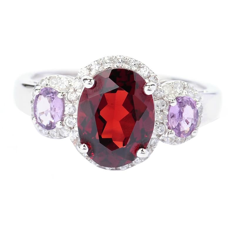 Sterling Silver Garnet Purple Sapphire and White Zircon Ring