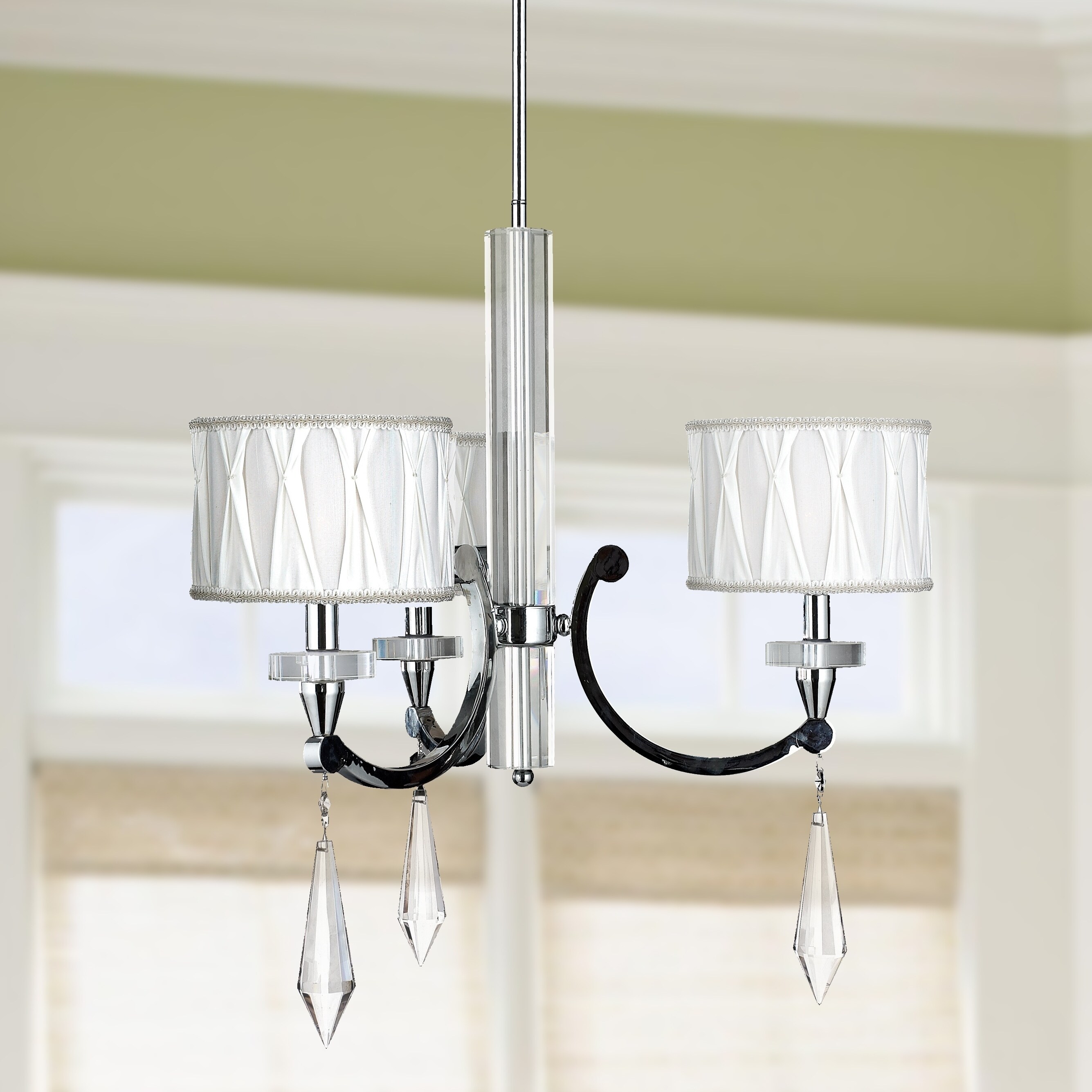Cutlass 3-light Arm Crystal Chandelier with White Fabric Drum Shade 25"x26" (3 Lights Polished Chrome Chandelier) - Chandeliers For Bedrooms by Overstock.com