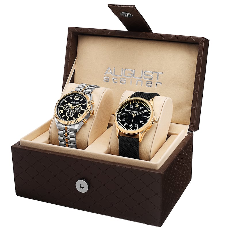 August Steiner Men's Swiss Quartz Multifunction Stainless Steel Canvas Strap/ Bracelet Watch Set - Gold-tone - Gold-Tone/Black