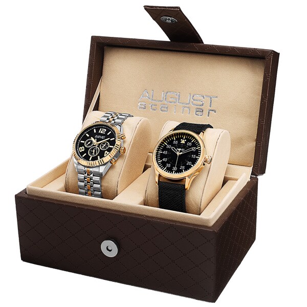 August Steiner Men's Swiss Quartz Multifunction Stainless Steel Canvas Strap/ Bracelet Watch Set