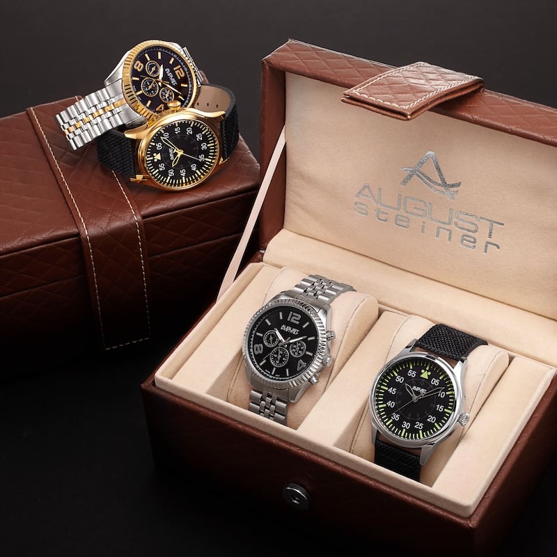 August Steiner Men's Swiss Quartz Multifunction Stainless Steel Canvas Strap/ Bracelet Watch Set