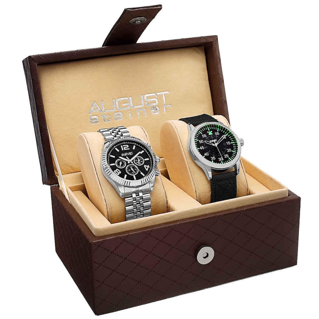 August Steiner Men's Swiss Quartz Multifunction Stainless Steel Silver-Tone Strap/Bracelet Watch Set - silver