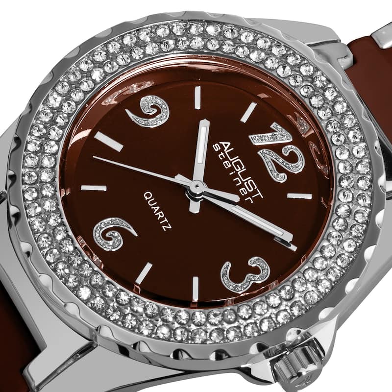 August Steiner Women's Quartz Crystal Studded Bezel Ceramic Link Brown Bracelet Watch