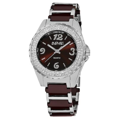 August Steiner Women's Quartz Crystal Studded Bezel Ceramic Link Brown Bracelet Watch