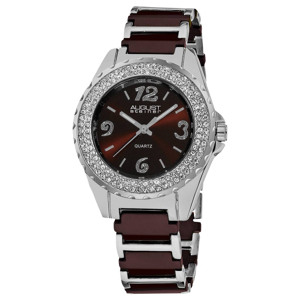 August Steiner Women's Quartz Crystal Studded Bezel Ceramic Link Brown Bracelet Watch