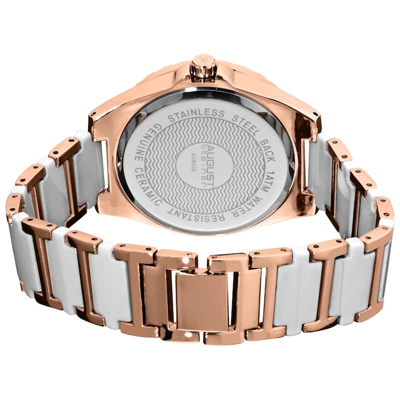 August Steiner Women's Quartz Crystal Studded Bezel Ceramic Link White Bracelet Watch