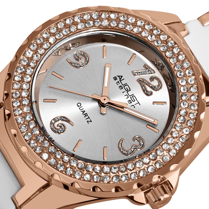 August Steiner Women's Quartz Crystal Studded Bezel Ceramic Link White Bracelet Watch