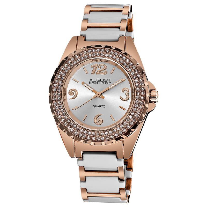 August Steiner Women's Quartz Crystal Studded Bezel Ceramic Link White Bracelet Watch