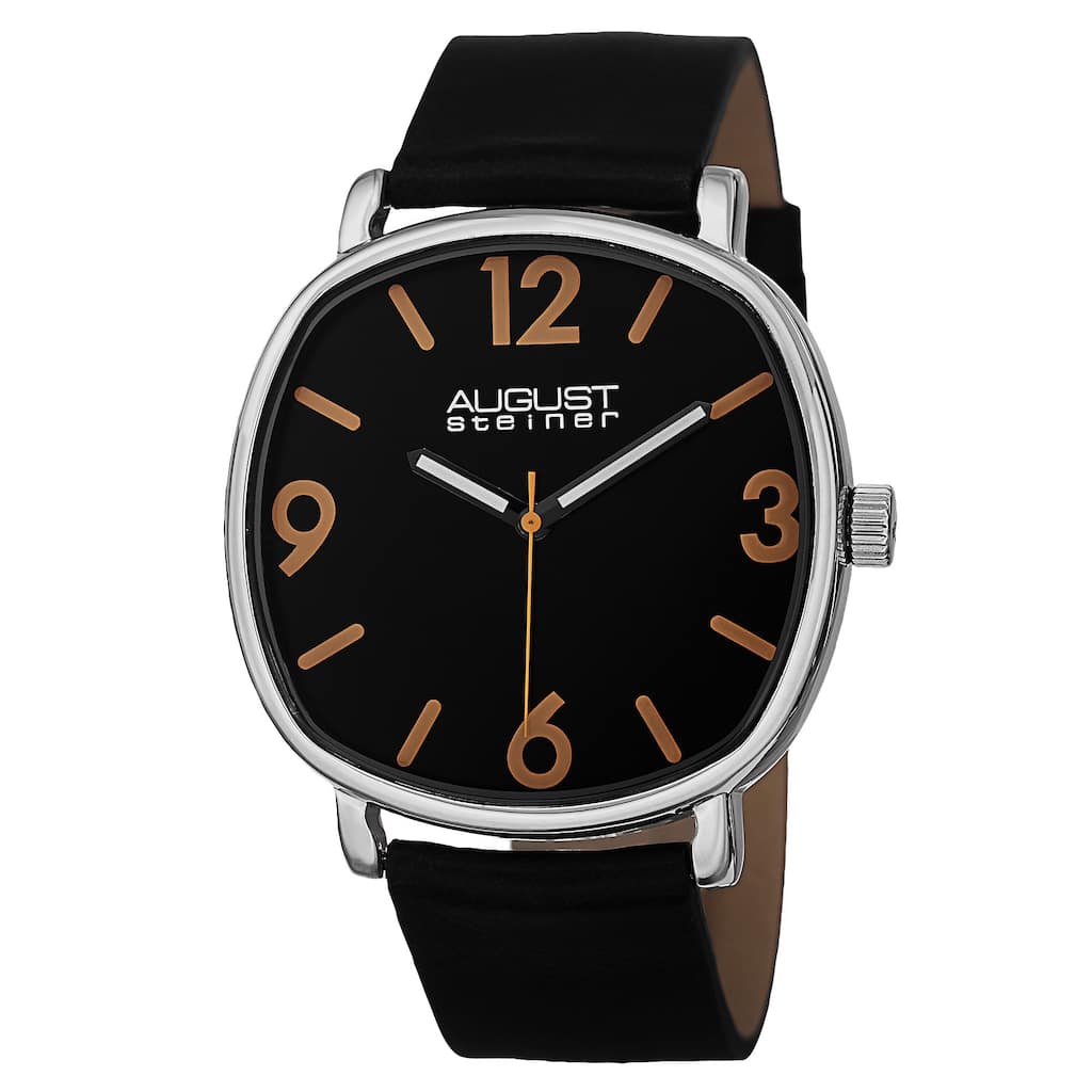 August Steiner Men's Classic Quartz Easy-to-Read Markers Leather Silver-Tone Strap Watch - Black