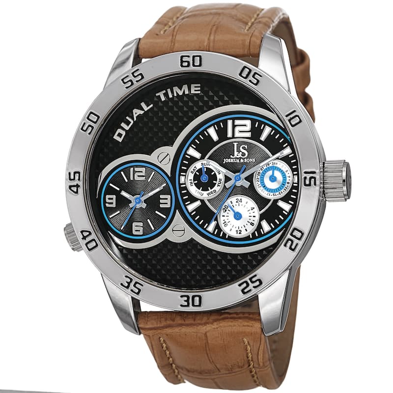 Joshua & Sons Men's Quartz Dual-Time Multifunction Leather Silver-Tone Strap Watch