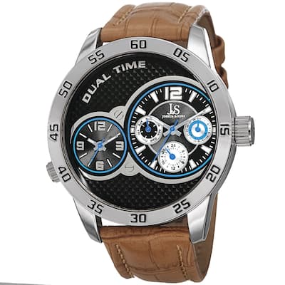 Joshua & Sons Men's Quartz Dual-Time Multifunction Leather Silver-Tone Strap Watch
