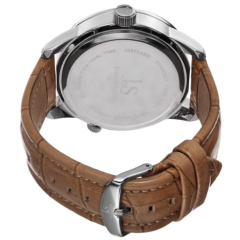 Joshua & Sons Men's Quartz Dual-Time Multifunction Leather Silver-Tone Strap Watch
