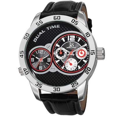 Joshua & Sons Men's Quartz Dual-Time Multifunction Leather Silver-Tone Strap Watch - Black