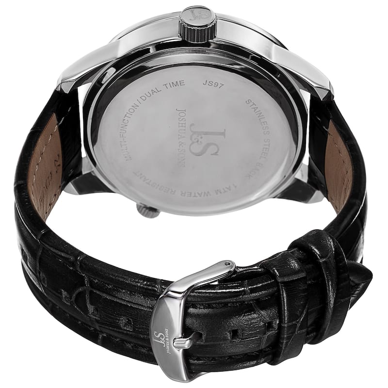 Joshua & Sons Men's Quartz Dual-Time Multifunction Leather Silver-Tone Strap Watch - Black