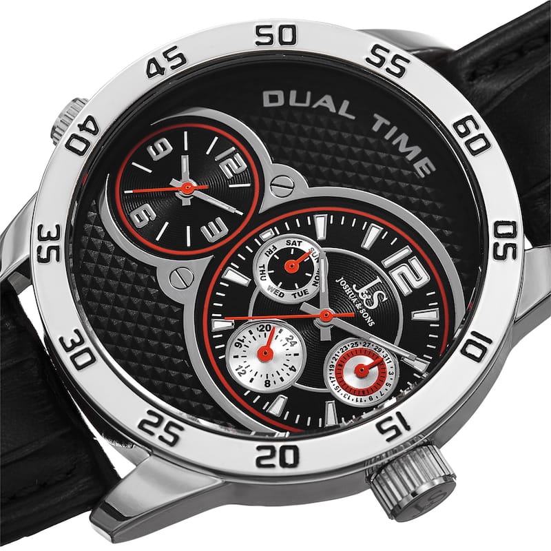 Joshua & Sons Men's Quartz Dual-Time Multifunction Leather Silver-Tone Strap Watch - Black