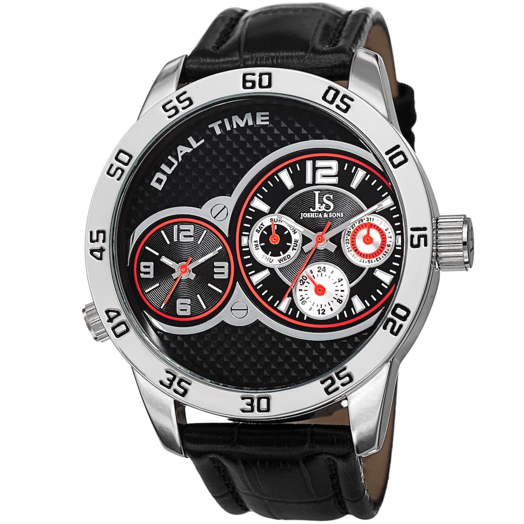 Joshua & Sons Men's Quartz Dual-Time Multifunction Leather Silver-Tone Strap Watch - Black