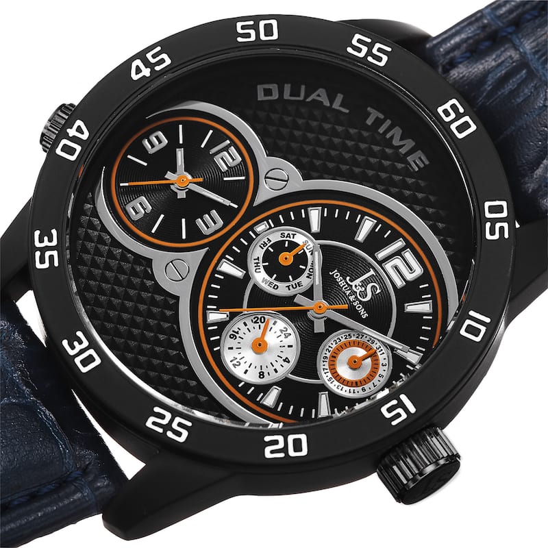 Joshua & Sons Men's Quartz Dual-Time Multifunction Leather Blue Strap Watch