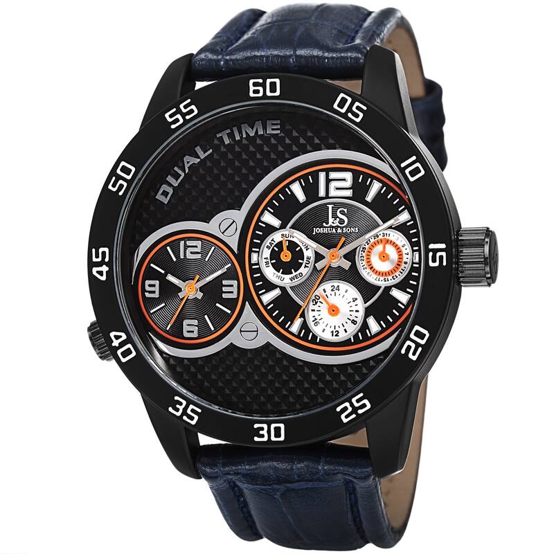 Joshua & Sons Men's Quartz Dual-Time Multifunction Leather Blue Strap Watch