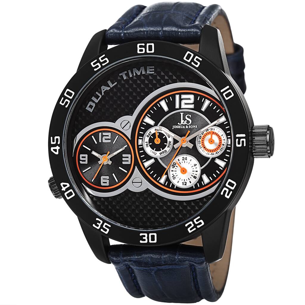 Joshua & Sons Men's Quartz Dual-Time Multifunction Leather Blue Strap Watch
