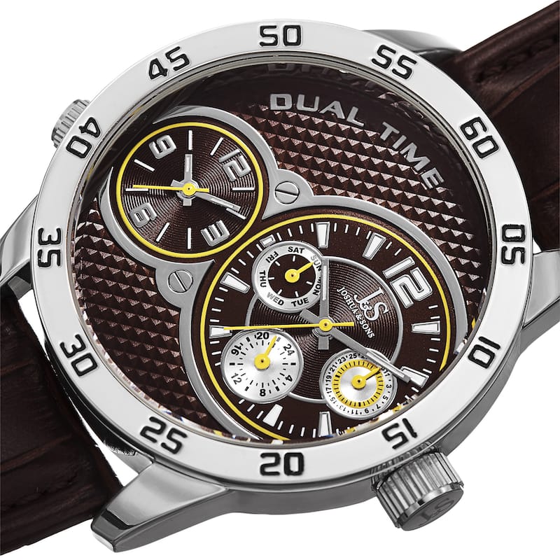 Joshua & Sons Men's Quartz Dual-Time Multifunction Leather Strap Watch