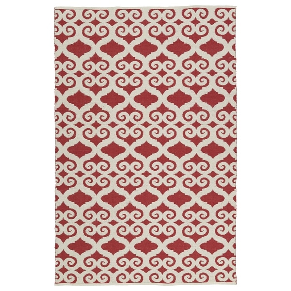 Indoor/Outdoor Laguna Red and Ivory Scroll Flat-Weave Rug (5' x 7'6")