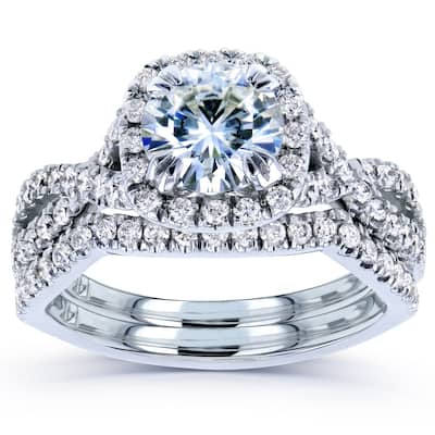 Annello by Kobelli 14k White Gold 1 3/4ct TGW Round Moissanite and Diamond Crisscross Bridal Rings Set