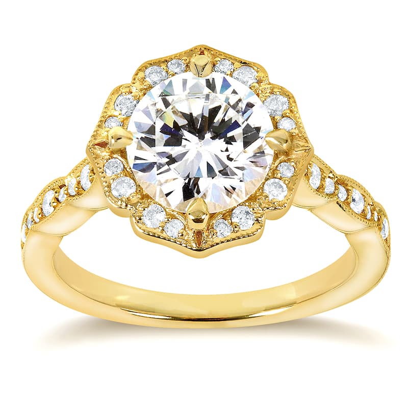Annello by Kobelli 14k Yellow Gold 1 3/4ct TGW Moissanite and Diamond Vintage Floral Engagement Ring