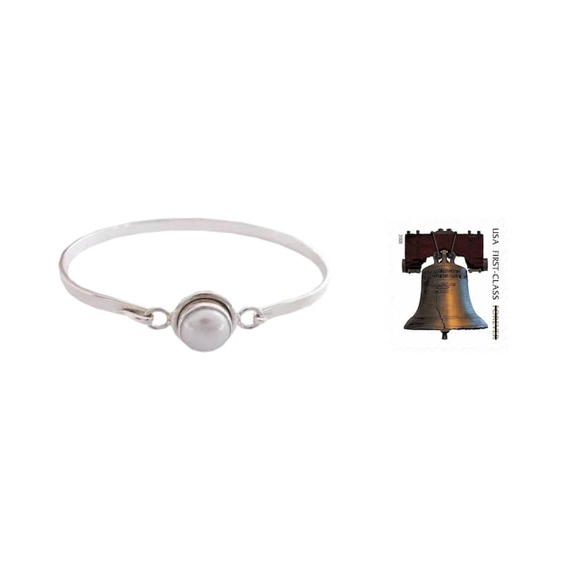 Handmade Sterling Silver Aesthetic Moon Pearl Bangle (India) - White - 9.5-10 MM - White - 6.25 Inch