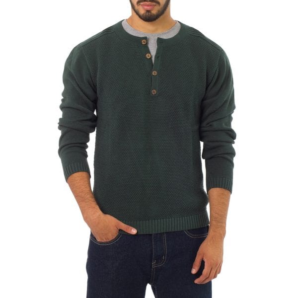 Shop Handmade Men's Cotton 'Deep Forest' Henley Sweater (Peru) On