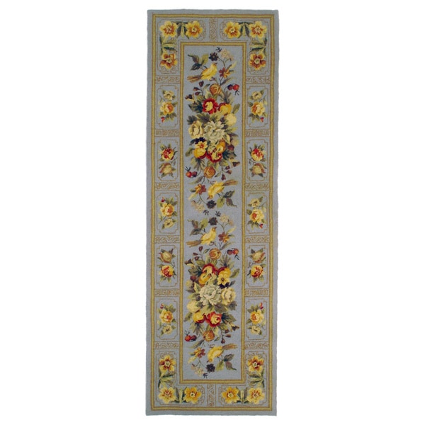 Hand-hooked Light Blue Orchid Runner Rug