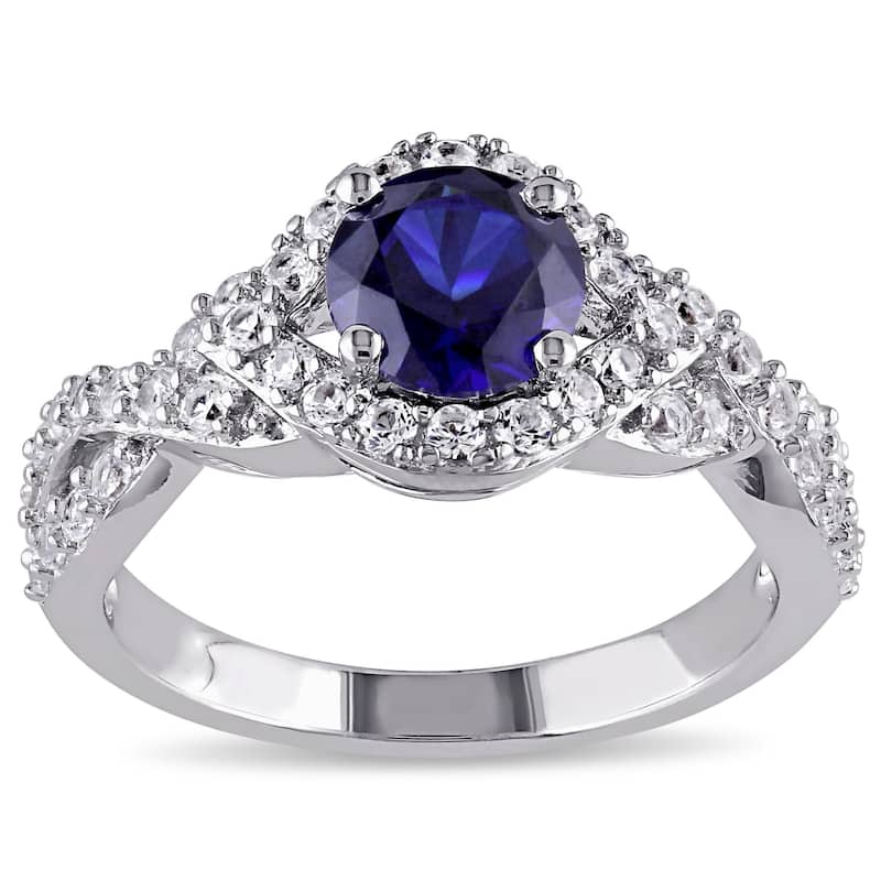 Miadora Sterling Silver Created Blue and White Sapphire Crossover Engagement Ring - 5