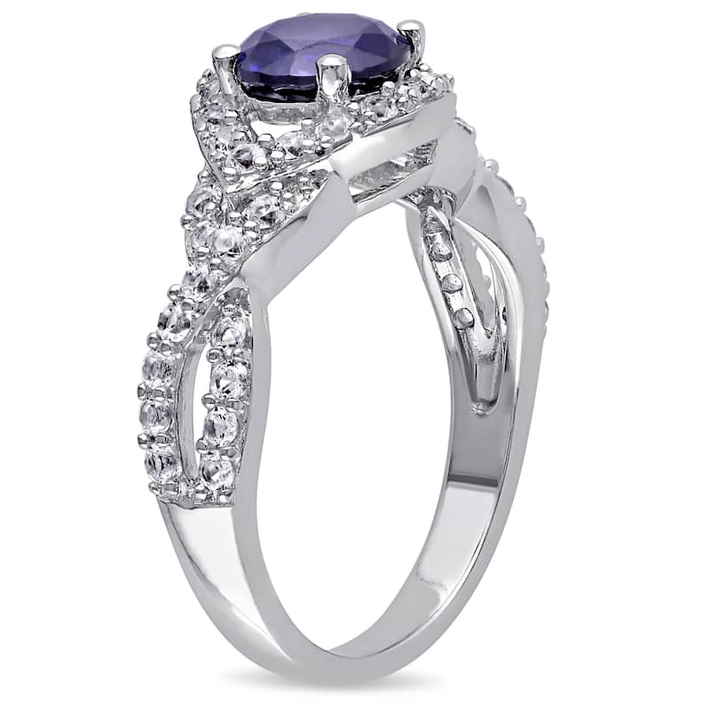 Miadora Sterling Silver Created Blue and White Sapphire Crossover Engagement Ring